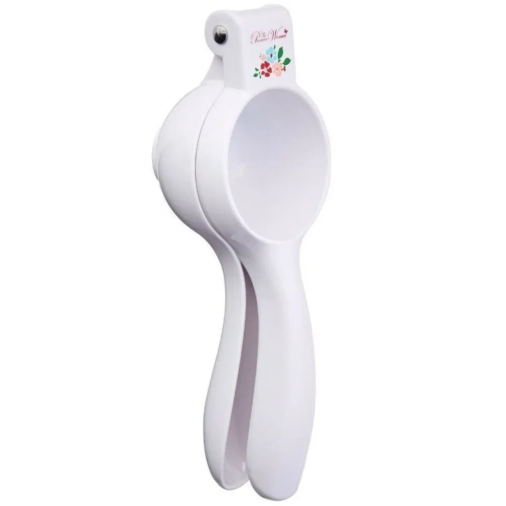 Pioneer Woman Garden Party Citrus Press Juicer Handheld Filter White Cast Iron